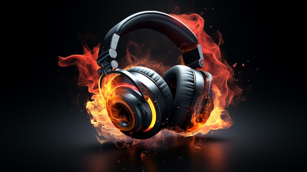 Photo headphones in fire on black background generative ai