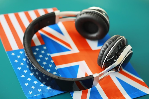 Photo headphones and flag the study of foreign subjects audiobooks in a foreign language language classes listening