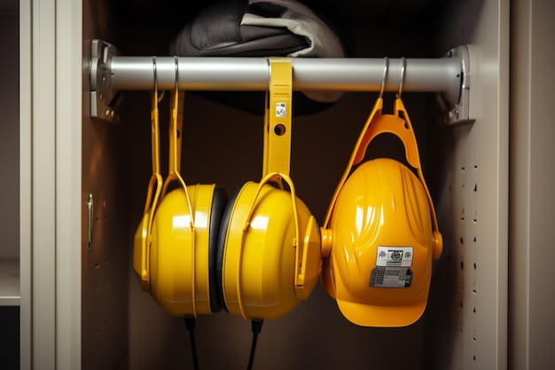 Headphones and hard hat seen together front view hanging neatly in closet