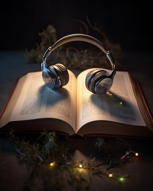 Headphones lying on an open book created with Generative AI technology