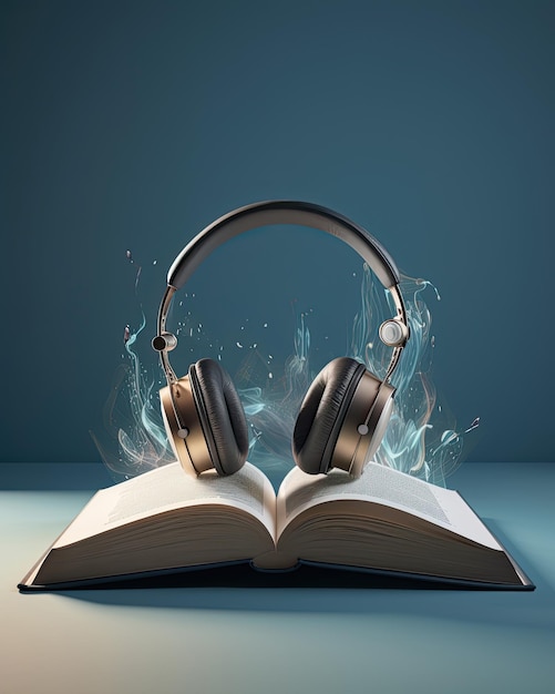 Headphones lying on an open book created with Generative AI technology