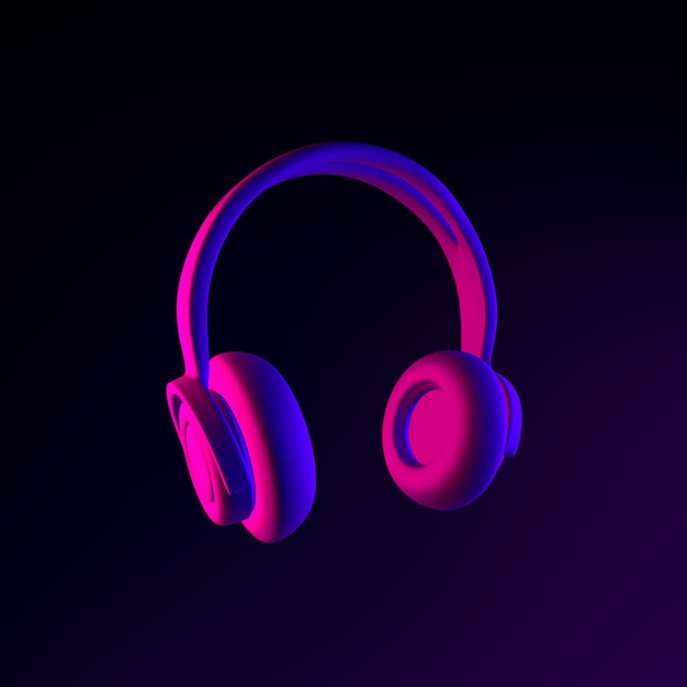 Headphones neon icon. 3d rendering ui ux interface element. Dark glowing symbol.