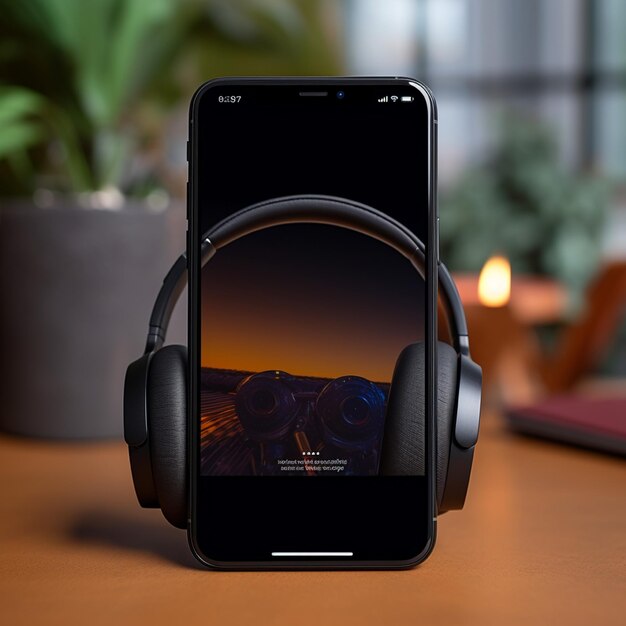 ヘッドフォン スマートフォン ディスプレイ モックアップ 音楽 オーディオ ポッドキャスト