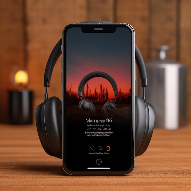 Photo headphones phone screen mockup smartphone display mockup and music audio podcast