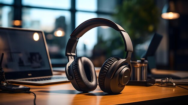 Headphones placed on a podcasting table