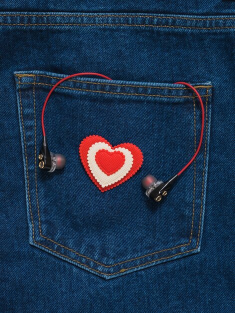 Headphones and red and white heart on blue jeans pocket background. Romantic style in fashionable clothes.