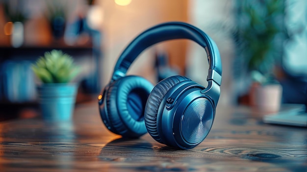 Headphones Resting on Wooden Table