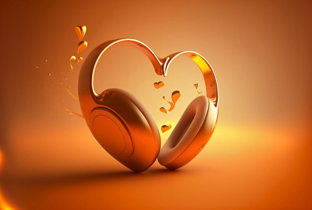 Headphones in the shape of a heart. orange background with golden elements. generated by ai