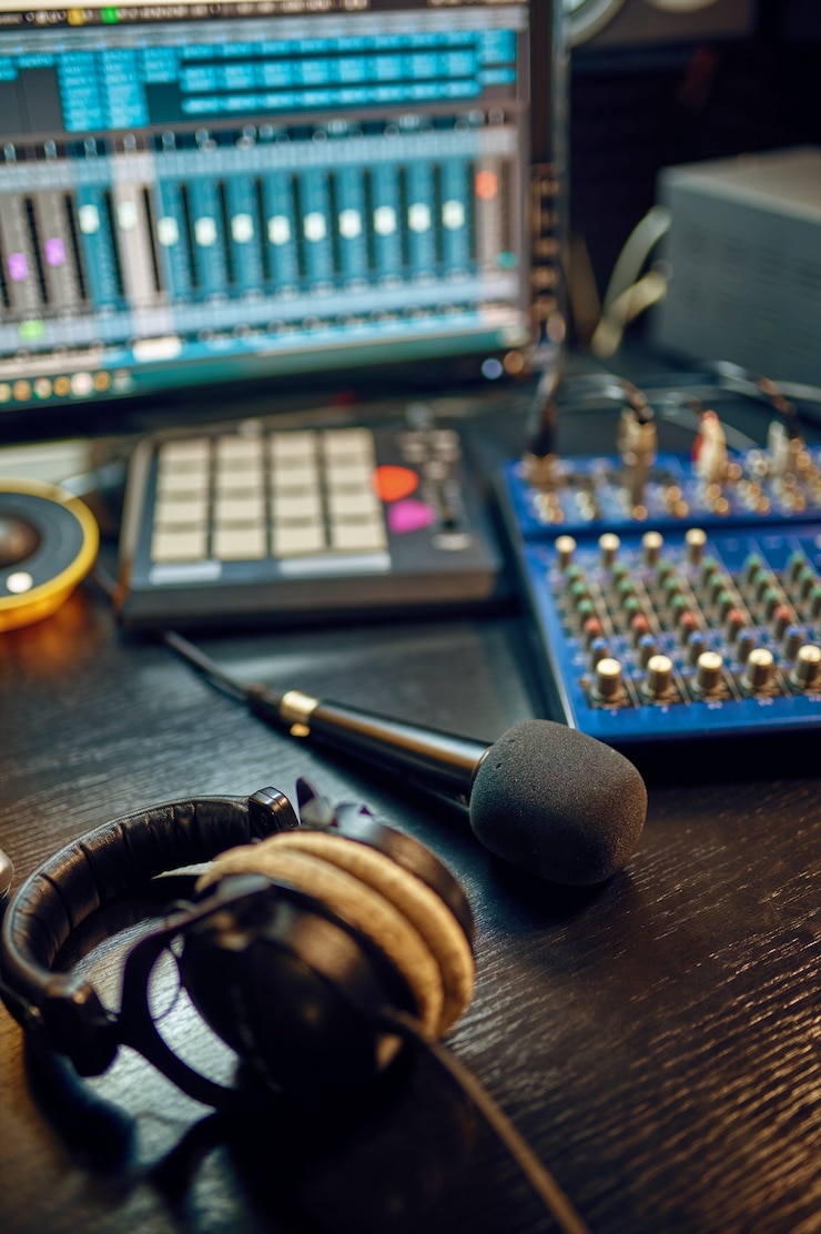 Photo headphones on the table, recording studio interior