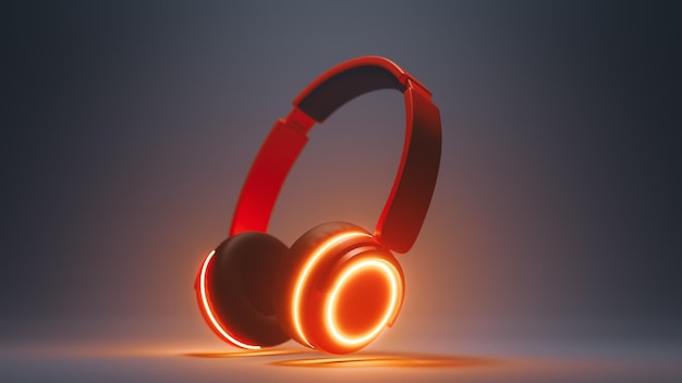 Headphones that play music that glows with intense neon light3d rendering