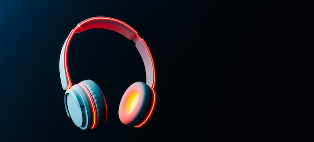 ネオン光で輝く音楽を再生するヘッドフォン 3D レンダリング