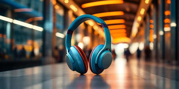 Headphones on Travel Background in Subway Station