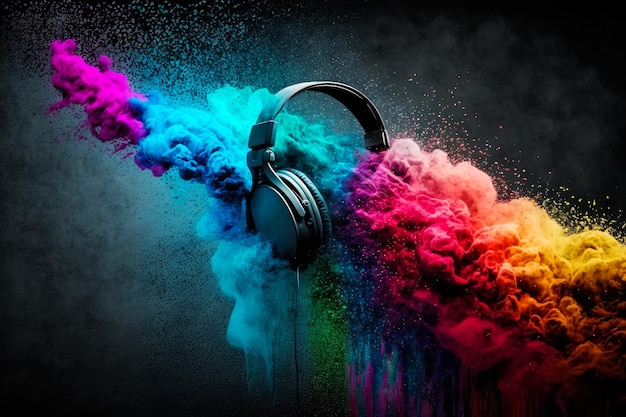 Headphones with colorful powder on black background Generative AI