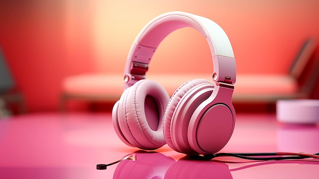 Headphones with microphone on pink color background