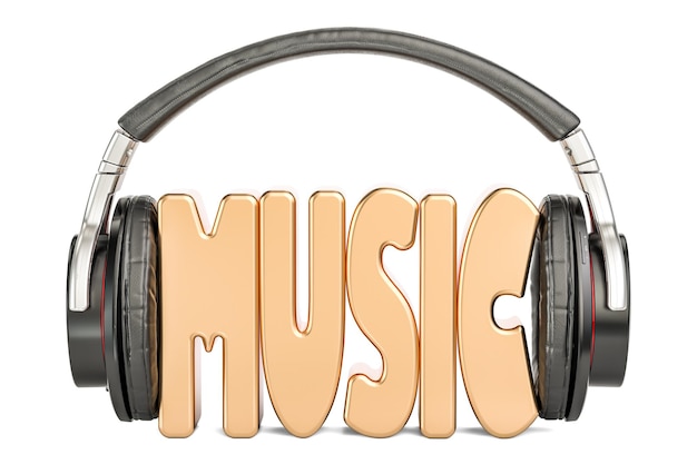 headphones with music word musical concept 3d rendering