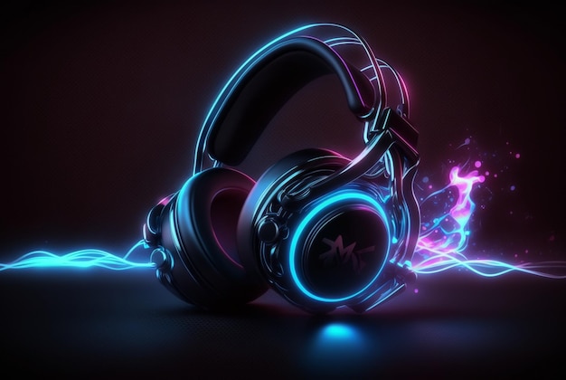 Headphones with neon light on dark background generative AI