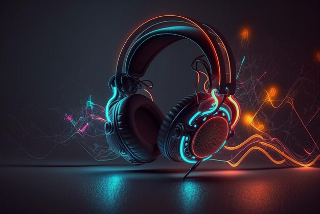 Headphones with neon light on dark background generative AI