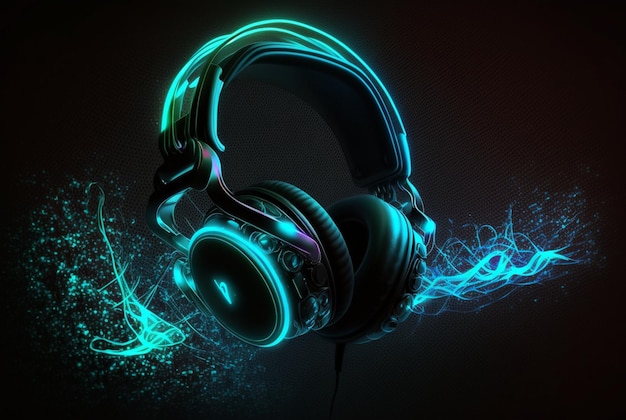 Headphones with neon light on dark background generative AI