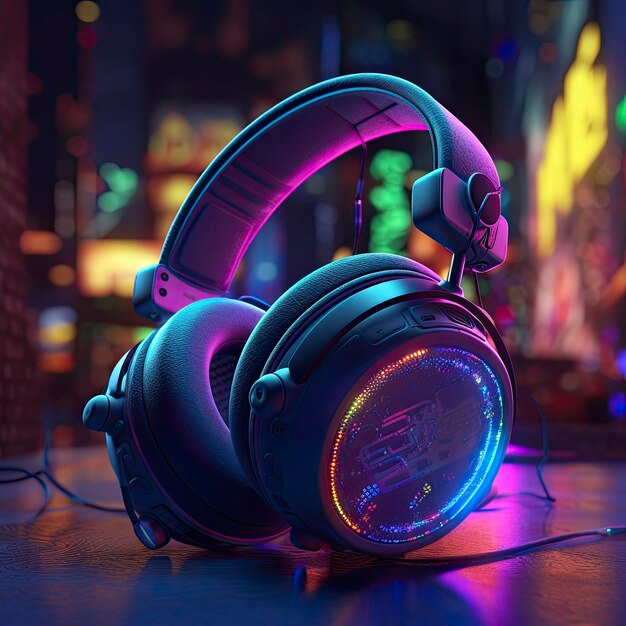 Headphones with neon with neon background generat ai