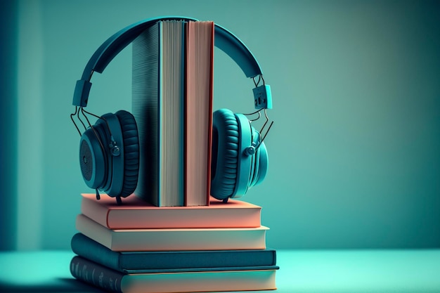 Headphones with stack of books on blue background