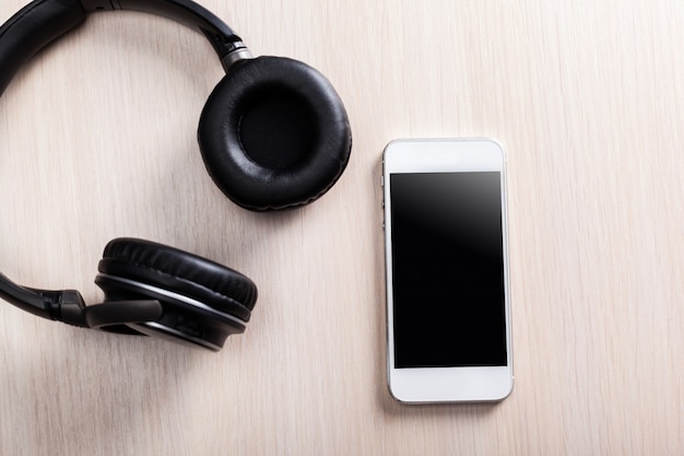 Headphones on wooden 