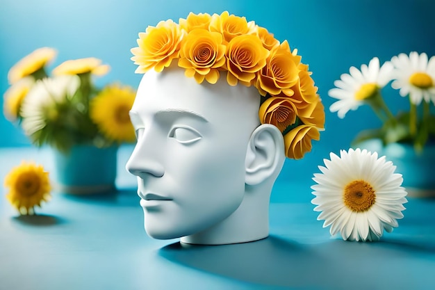 heads of a man with flowers in front of them