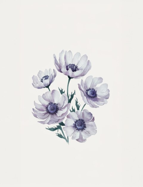 白い背景の水彩花の頭水彩紙の模白いアネモンの花