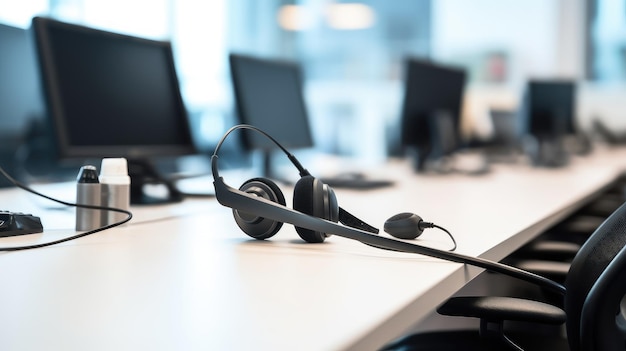 A headset on a desk in a call center.