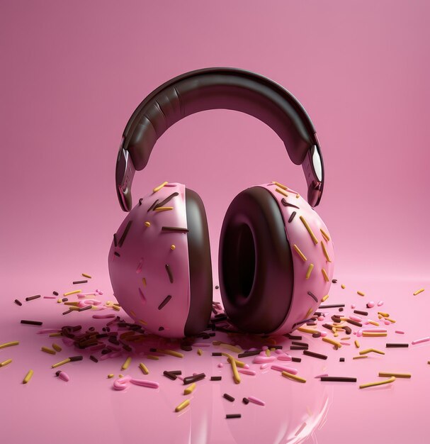 Photo headset and donuts on pink background music and food concept digital illustration generative ai