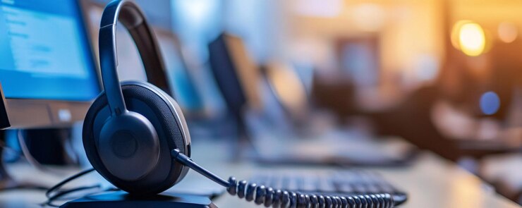 Foto headset op het bureau in een druk klantenservicecentrum