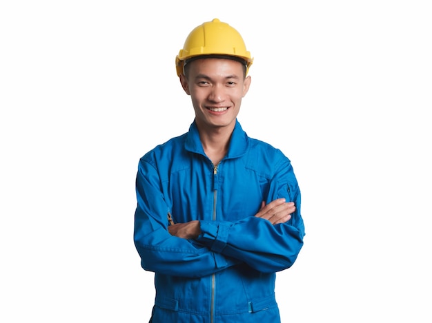 Headshot Asian engineer young man smile in blue suit.