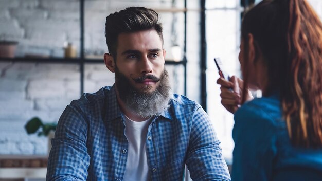 Photo headshot of attractive bearded man with trendy hairdo has foxy thick beard and mustache looks ser