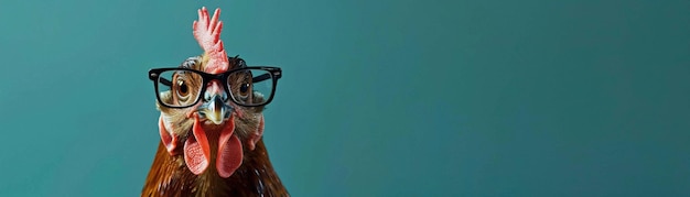 A headshot of a chic chicken wearing glasses on a sophisticated teal background