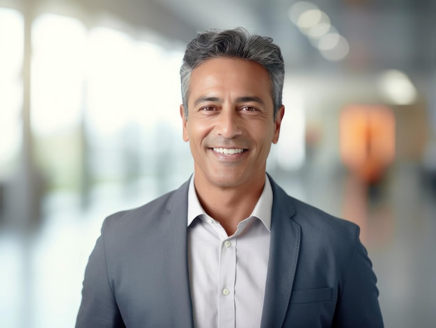 Headshot close up portrait of indian or latin confident mature good looking middle age leader ceo male businessman on blur office background Handsome hispanic senior business man smiling at camera