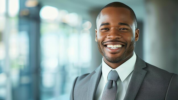 A headshot of a confident young businessman smiling at the camera He is wearing a suit and tie