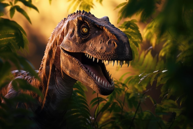 Headshot of dinosaur with plants in forest created using generative ai technology