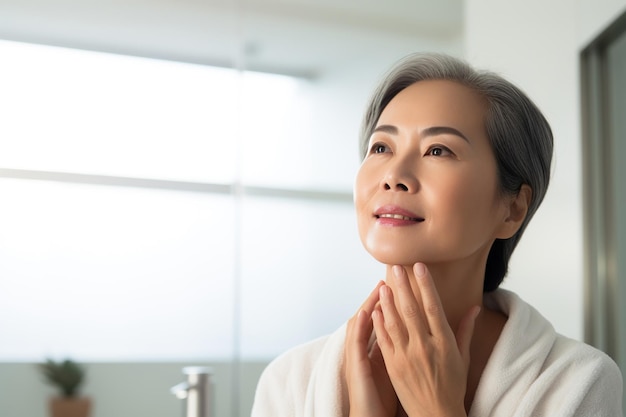 Headshot of gorgeous mid age adult 50 years old Asian woman standing in bathroom after shower touching face looking at reflection in mirror doing morning beauty routine Older skin care concept