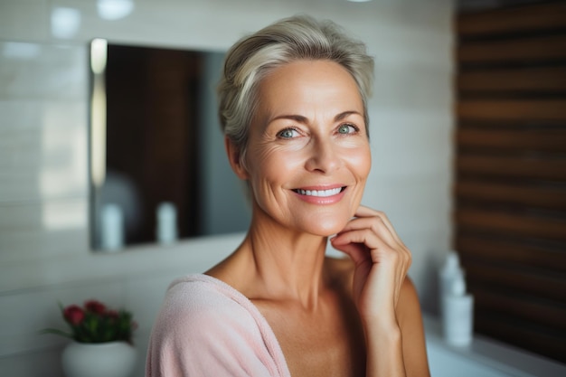 Headshot of gorgeous mid age adult 50 years old blonde woman standing in bathroom after shower touching face looking at reflection in mirror doing morning beauty routine Older skin care concept