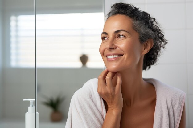 Headshot of gorgeous mid age adult 50 years old Latin woman standing in bathroom after shower touching face looking at reflection in mirror doing morning beauty routine Older skin care concept