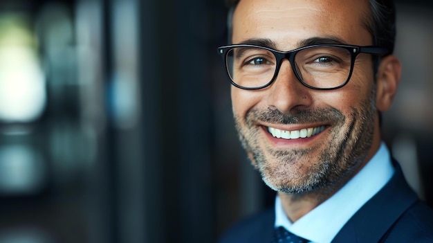 Photo headshot of a handsome businessman smiling wearing glasses and a suit