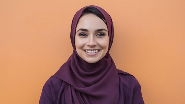 Headshot of lovely satisfied religious muslim woman with gentle smile dark healthy skin wears sca