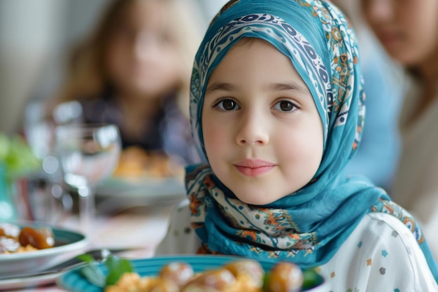 Headshot of muslim young girl sitting on a table in a restaurant ready to eat for lunch