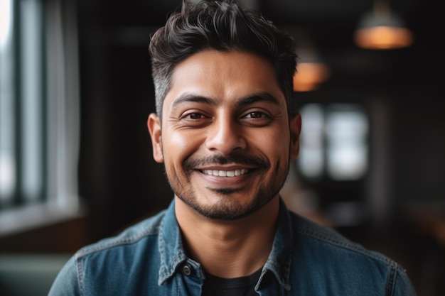 headshot portrait of attractive confident indian hispanic man with toothy smile looking at camera at