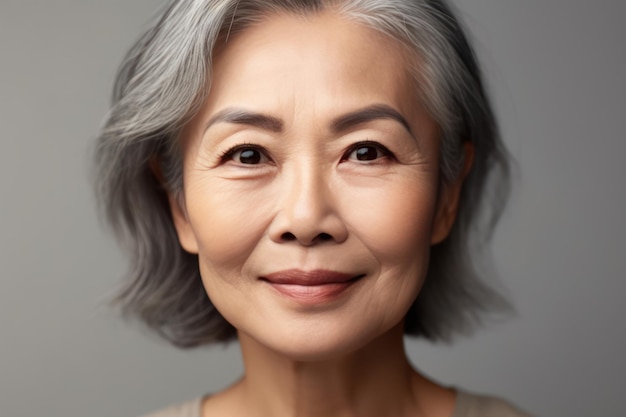 headshot portrait of gorgeous happy middle aged mature asian woman senior older 50 year lady looking