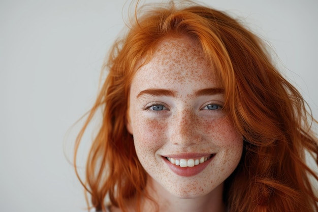 Photo headshot portrait of happy ginger girl with freckles smiling looking at camera white background