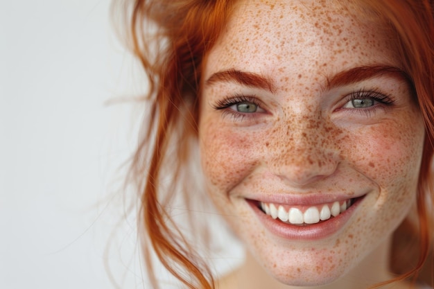 Photo headshot portrait of happy ginger girl with freckles smiling looking at camera white background