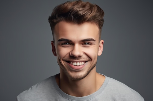 Headshot portrait of happy millennial man in casual clothes isolated on grey studio background posin