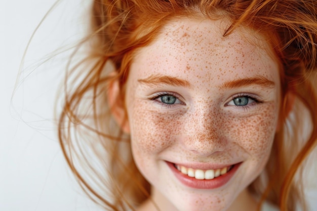 Foto headshot portret van een gelukkig roodharig meisje met sproeten dat naar de camera glimlacht witte achtergrond