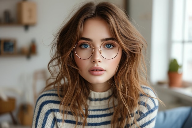 Headshot portret van vrolijke jonge vrouw gekleed in ronde bril