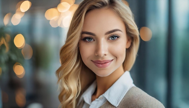 headshot of a radiant woman exuding confidence and joy as she locks eyes with the camera